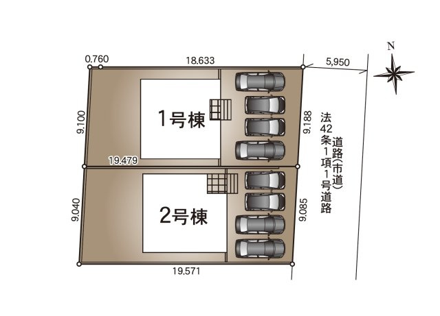 宮崎市淀川3丁目第1-2棟（1号棟）の区画図|配置図（1号棟）