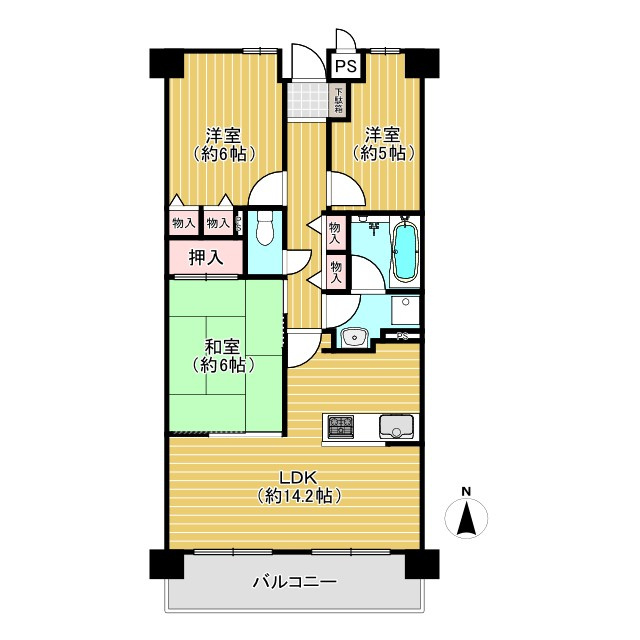 【価格改定】グランド日光ハイツ東向日の間取り|南向きバルコニーで陽当たり良好の間取り(^^)/