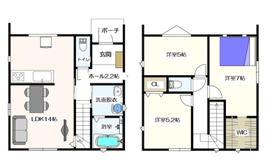 【参考プラン】 | 坂戸市鶴舞3丁目売地【建築条件付】 | PLAN例1　3LDK　　トイレ２か所とウォークインクロゼットを備えたちょうどいい広さに無駄のない間取り