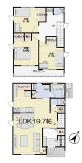 【間取り】 | 南アルプス市十五所① 新築オール電化 南東角地 車3台以上可 | 建物面積110.74ｍ2 ３ＬＤＫの間取り 全室フローリング＆全室6帖以上