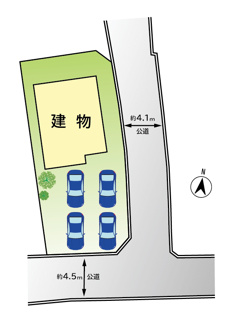 【区画図】 | 南アルプス市十五所① 新築オール電化 南東角地 車3台以上可 | 角地 前面道路：南4.5ｍ・東4.1ｍ