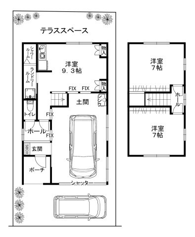 Feel　寺田大谷の間取り|プラン例：ガレージハウス
建物72.86㎡