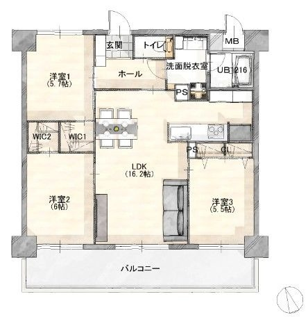 【間取り】 | グランピアグーテンハイツ箱崎Ⅴ | LDKは壁付タイプのキッチンで空間をいっそう広く使えます。家計管理がしやすいオール電化物件です
