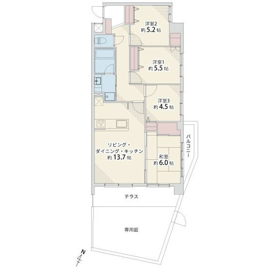 【間取り】 | ライオンズマンション周船寺 | 南向きの庭付きで明るいお部屋です。全部屋窓付きなので室内は明るく風通しの良い空間です