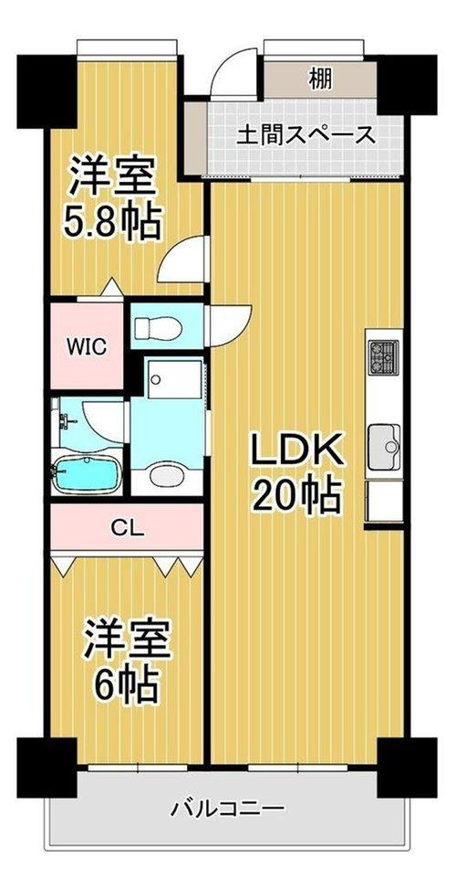 サーパス久保田の間取り|現代のニーズに合わせてリノベーションされた間取りは、20帖のリビングが生活の主役。広い玄関土間はベビーカーの置き場にも困りません。効率的な収納配置により、空間を最大限に活用できる機能的なお部屋です。