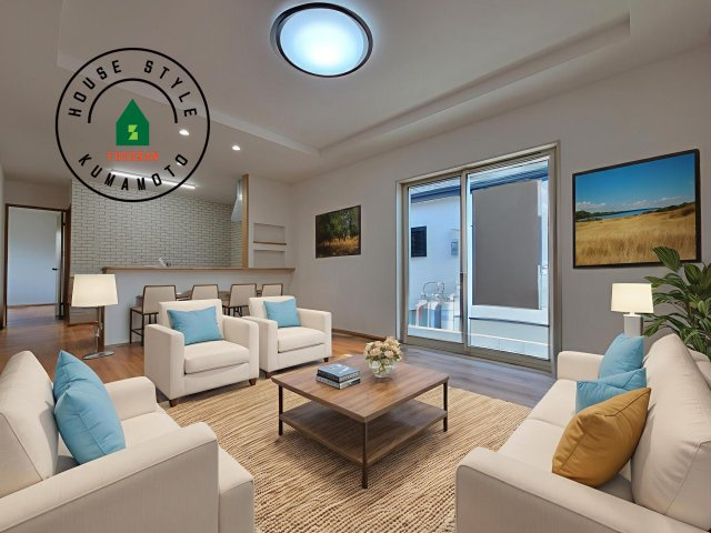 熊本市西区中原町第1-4棟（2号棟）の内観：施工例|明るく開放的なリビングダイニングは豊かな陽光が注ぎ込み、やすらぎの空間を演出してくれます。ご家族で楽しいひとときをお過ごし下さい。※家具はCGを合成したものです。