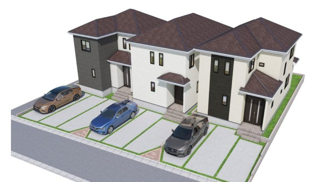 ハートフルタウンうるま市田場Ⅵ　2号棟の外観パース|駐車並列3台可能