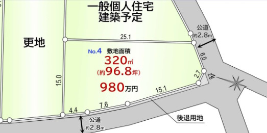 敷地面積９６坪　建築条件なし売地　狭山市南入曽の区画図|区画図　建築条件はございません！お好きなハウスメーカーや工務店で建築可能です♪南道路！人気のある角地です！
