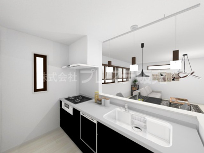 【キッチン】 | 生駒市小明町の新築一戸建 全１５区画 | １５号地キッチン完成イメージ／人気の対面キッチン♪食器洗い乾燥機＆浄水器を標準装備！