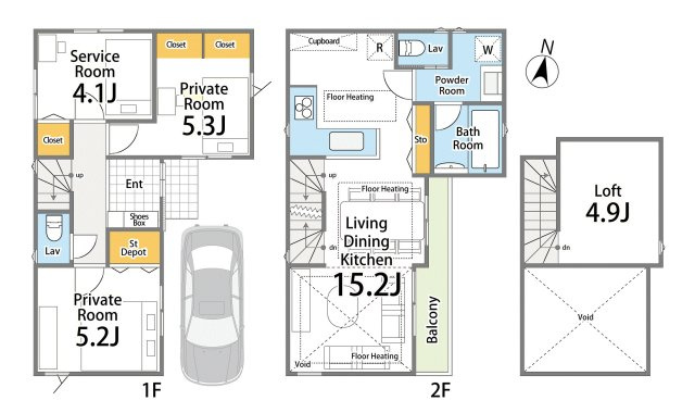 練馬区田柄4丁目　ハイグレード仕様　ZEH水準×省エネ邸宅の間取り|2LDK+S+ロフト(固定階段式)+カースペース　敷地面積 69.00ｍ2　建物面積 70.09ｍ2(備蓄倉庫1.21㎡含む)