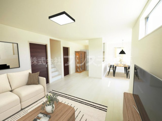 【居間・リビング】 | 現地写真（１号地リビング)ＬＤＫは広々１８帖！南向きですので、陽あたり良好です♪