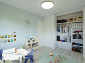 【完成予想図】 | 上京区三助町　建築条件なし | 《洋室イメージパース5.5帖》※家具・小物はCGによるインテリアイメージであり、家具の設置サイズを保証するものではございません。※家具配置はTV配線には配慮しておりません