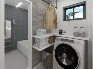 【完成予想図】 | 上京区三助町　建築条件なし | 《洗面室イメージパース》※家具・小物はCGによるインテリアイメージであり、家具の設置サイズを保証するものではございません。