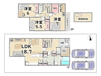 【参考プラン】 | 上京区三助町　建築条件なし | 《参考プラン》建物価格：2500万円　延床面積：103.28平米（1F:58.32平米　2F:44.96平米）