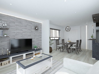 【完成予想図】 | 上京区三助町　建築条件なし | 《LDKイメージパース1》※家具・小物はCGによるインテリアイメージであり、家具の設置サイズを保証するものではございません。※家具配置はTV配線には配慮しておりません