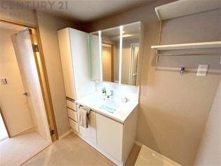 化粧品や洗顔料、歯ブラシなどの必需品をまとめて置ける収納スペースがあり、使用するたびに取り出す手間が省けます。また、水回りのため、濡れても大丈夫な素材が使用されており、お手入れが簡単です。