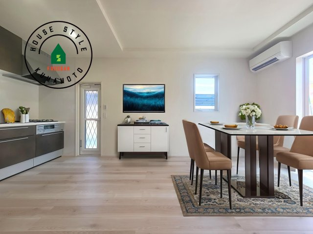 宇城市不知火町高良第2-2棟（1号棟）の居間・リビング|明るく開放的なリビングダイニングは豊かな陽光が注ぎ込み、やすらぎの空間を演出してくれます。ご家族で楽しいひとときをお過ごし下さい。※家具はCGを合成したものです。