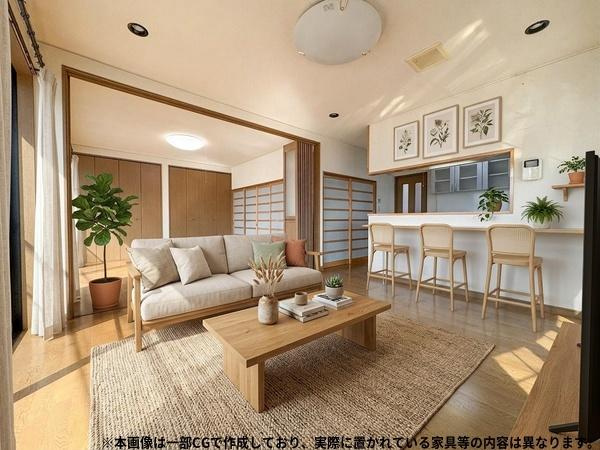 荏隈　中古の居間・リビング|※本画像はCGで作成しており、実際に現地に家具は置かれておりません。また、価格に家具は含まれておりません。画像と現状が異なる場合は現状を優先します。