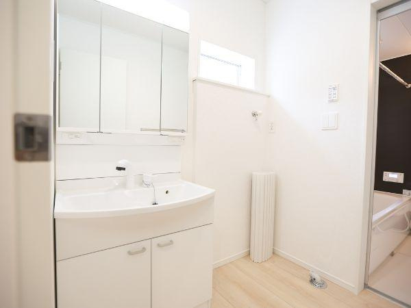 挾間町下市第1-3号棟の独立洗面台|白を基調とした明るい洗面台が設置されています。三面鏡で収納力にも配慮されています。隣接したバスルームへの動線もスムーズです。室内全体が清潔な印象です。窓からの自然光が心地よく入ります。