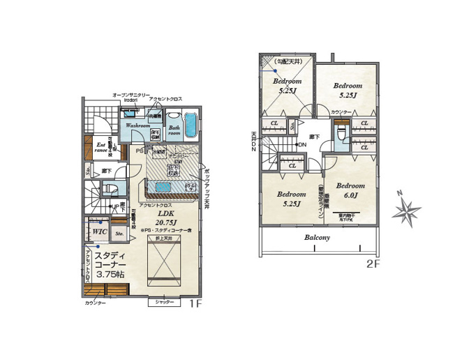 【間取り】 | ふじみ野市築地3丁目　新築一戸建住宅　全2棟　(ふじみ野店) | 2号棟/収納豊富な3LDKの間取り。
リビングに隣接するスタディコーナーでお子様の家庭学習もスムーズに。