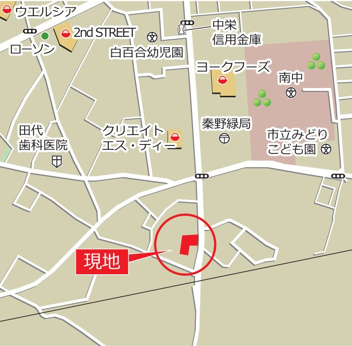 秦野市鈴張町　敷地広々新築戸建ての地図