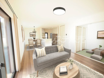 【居間・リビング】 | 奈良市赤膚町の新築一戸建 全２区画 | 現地写真（１号地リビング）ＬＤＫは広々２０帖！南側の広いお庭に面しています♪