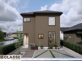 【外観パース】 | 宇治市南陵町1丁目　売土地　建築条件付き | アトリエスタイルハウス仕様の窓はペアガラス、サッシはアルミ×樹脂複合のハイブリットサッシを採用。ガラスの間には断熱性の高いアルゴンガスを充填しておりますので、より断熱性能が高まる仕様になっております。