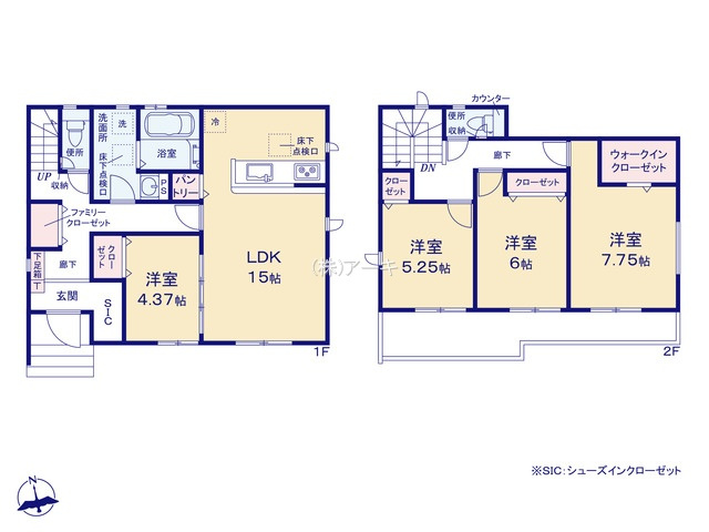 知多郡東浦町緒川屋敷参区149番2『仲介手数料無料』新築戸建ての間取り|　2号棟　1F:LDK15帖に隣接する洋室4.37帖！パントリー！ファミリークローゼット♪シューズクローク♪2F:主寝室7.75帖　WIC設置！洋室6帖・洋室5.25帖　CL設置♪南面ワイドバルコニー