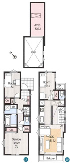【間取り】 | 【仲介手数料無料！！】府中市四谷１丁目　新築戸建て（全３棟）No.3号棟　4780万円 | 3号棟　2LDK＋S　土地／95.93㎡（29.01坪）建物／75.98㎡