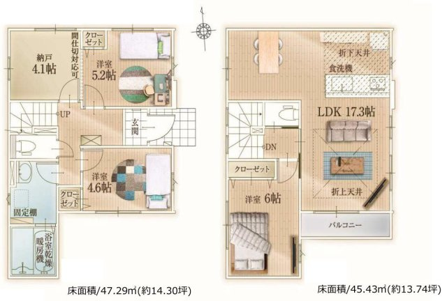 三郷市中央5丁目　新築戸建　全1棟の間取り|子供の成長に合わせて部屋を増やせる可変タイプの間取です