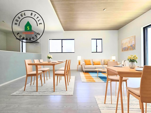 熊本市東区西原1丁目第1-2棟（1号棟）　の内観：施工例|明るく開放的なリビングダイニングは豊かな陽光が注ぎ込み、やすらぎの空間を演出してくれます。ご家族で楽しいひとときをお過ごし下さい。※家具はCGを合成したものです。