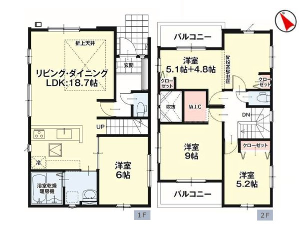 熊本市東区西原1丁目第1-2棟（1号棟）　の間取り|全居室収納付きで便利です。