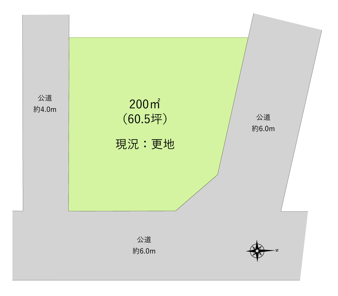 富士見市大字上南畑の売地の土地図|三方道路で開放的な立地！
約60.5坪のゆとりの広さにつき平屋建てや複数台駐車場、お庭も◎！

資料請求やご見学などお気軽にお問い合わせください。