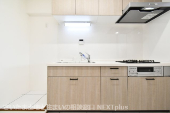 ビューパレー与野桜丘A棟のキッチン|木目調の吊戸棚付きシステムキッチンです。上にも下にもたくさん収納出来ますので、別途で食器棚がなくてもたくさん収納する事ができます！ライトもありますので、お料理中の手元もしっかり照らしてくれます。