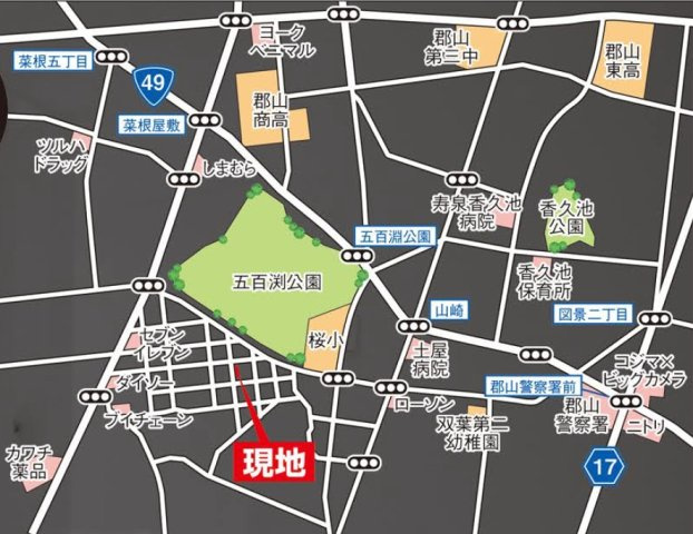 新築戸建・建売　郡山市久留米2丁目　GRAFARE　全2棟の地図