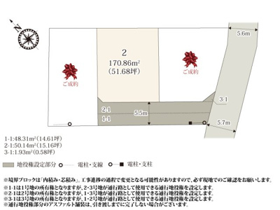 【区画図】 | 敷地部分が全区画51坪以上のため、建物と駐車スペースが収まります。分譲地周辺は田畑が多いため、緑のある環境でゆっくり過ごせそうですね。