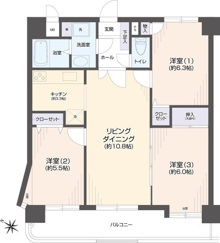 【間取り】 | アルフィーネ春日公園 | 南西向きの明るい3LDKです。階下は駐車場なので元気なお子さまがいるファミリーでも安心です