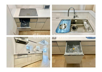 【キッチン】 | 葛飾区西新小岩3丁目新築分譲住宅 | 【システムキッチン】ワイドで収納豊富な使い勝手の良いカウンターキッチンには、食洗器や伸縮タイプのキッチン水栓、三ツ口コンロ・魚焼きグリルなどの便利な設備が標準完備されています。