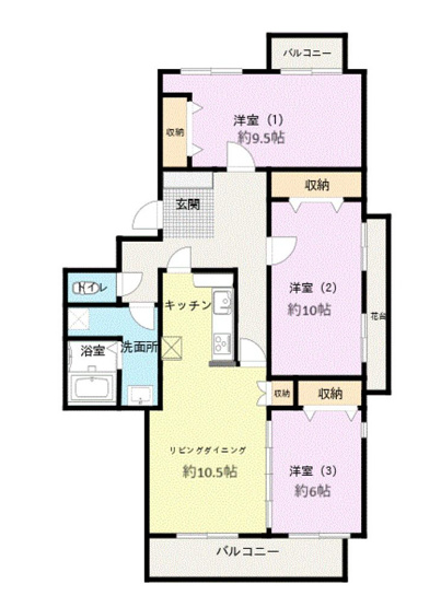 【間取り】 | 長池公園せせらぎ通り北 | 3LDKは、リビングダイニングキッチンと3つの居室がある間取り。ファミリー層に非常に人気の高い間取りで、広々としたリビングで家族団らんを楽しみ、個室でプライベートな時間も確保できるのが大きな魅力です。