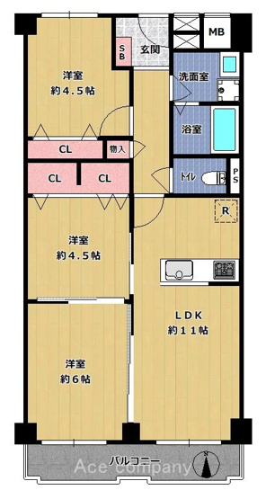 【間取り】 | エーデルハイム関目 | 【室内水廻り設備一新！全面リフォーム済み☆全洋室♪対面式のキッチン♪南向きバルコニー☆】