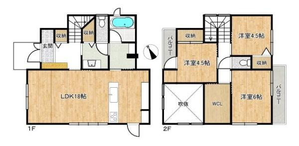 香芝市上中　一戸建の間取り|■広々したリビング１８帖・３ＬＤＫ＋ＷＩＣの間取りです！大容量の収納など、ご家族のお住まいにピッタリです！