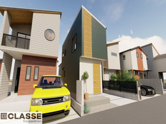 【外観パース】 | 城陽市平川東垣外　売土地　建築条件無し | お客様のお好みに合わせて、外観デザインも一緒に作り上げていきます。「ひと目で分かるアトリエの家」をコンセプトに、木・金属・吹抜けを組み合わせ”あなたらしさ”を表現できる外観づくりが可能です。