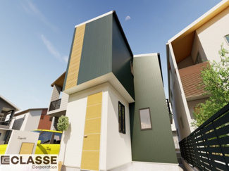 【外観パース】 | 城陽市平川東垣外　売土地　建築条件無し | お客様のお好みに合わせて、外観デザインも一緒に作り上げていきます。「ひと目で分かるアトリエの家」をコンセプトに、木・金属・吹抜けを組み合わせ”あなたらしさ”を表現できる外観づくりが可能です。