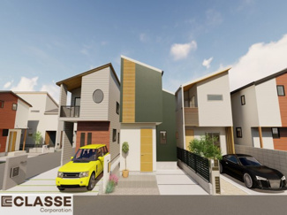 【外観パース】 | 城陽市平川東垣外　売土地　建築条件無し | お客様のお好みに合わせて、外観デザインも一緒に作り上げていきます。「ひと目で分かるアトリエの家」をコンセプトに、木・金属・吹抜けを組み合わせ”あなたらしさ”を表現できる外観づくりが可能です。