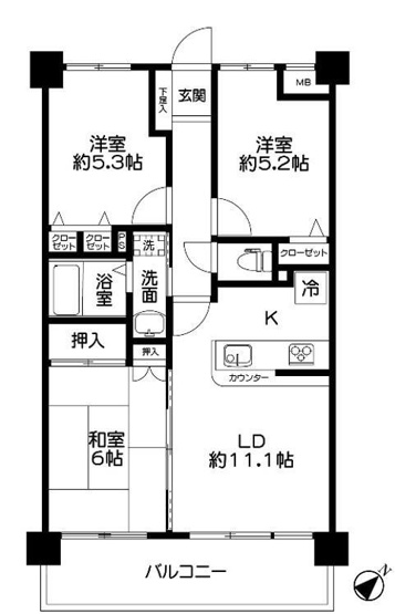 【間取り】 | プレステージ加古川Ⅵ　3階 | 3LDKです