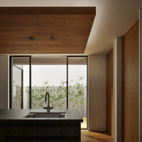 長岡京市今里細塚の完成予想図|木目の下がり天井が寛ぎを生み出すLDKです。