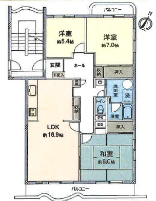 西所沢椿峰ニュータウン39街区６号棟　3LDK　東南角部屋の間取り
