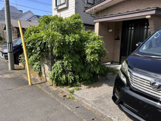 八戸市江陽１丁目の駐車場|【現況販売】駐車場の写真です。向かって左側の植栽は撤去処分し駐車場拡張します。軽自動車であれば停まれるようになる予定です。