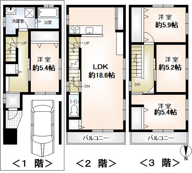 武庫元町１丁目新築戸建の間取り|４LDKの間取り。ハイルーフ車も駐車可能な駐車スペースです