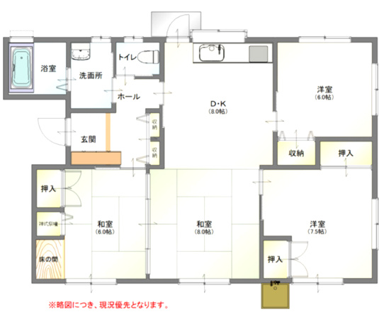 池田2丁目の間取り|約10帖のダイニングキッチンに独立した洋室×2部屋、和室×2部屋ある間取りになります。